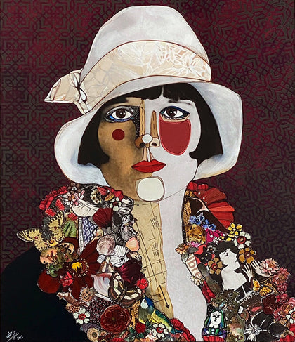 Louise Brook Insoumise, Artwork mixte Media on canevas, Adele Blais Artist, Roberge Art Gallery Quebec City, art exposition, Capitale Quebec Province, old Quebec art gallery  
